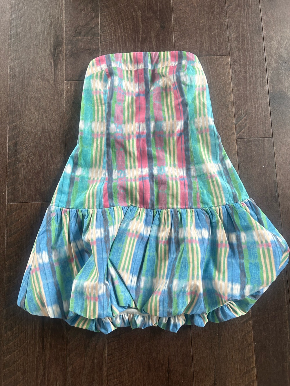 Free People Strapless Plaid Ruffle-Hem Mini Dress in Blue, Pink & Green - Picture 2 of 4